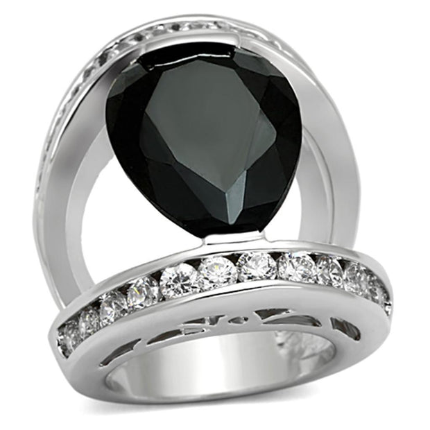 LOA923 - Rhodium Brass Ring with AAA Grade CZ  in Black Diamond