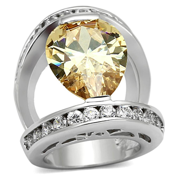 LOA922 - Rhodium Brass Ring with AAA Grade CZ  in Champagne