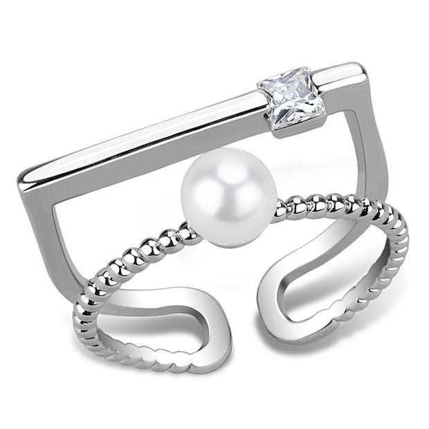 LO4263 - Rhodium Brass Ring with Synthetic Pearl in White