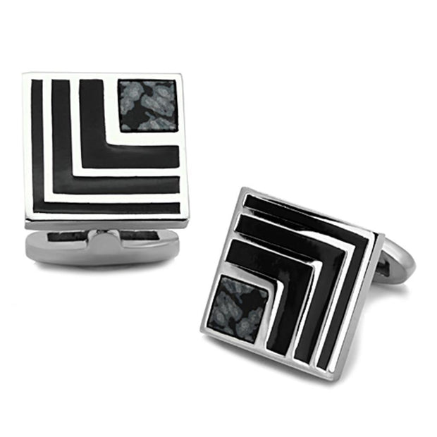 TK1269 - High polished (no plating) Stainless Steel Cufflink with Synthetic Onyx in Jet