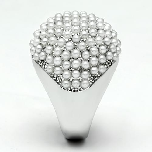 LO2433 - Rhodium Brass Ring with Synthetic Pearl in White