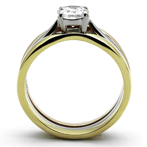 TK1278 - Three Tone IPï¼ˆIP Gold & IP Rose Gold & High Polished) Stainless Steel Ring with AAA Grade CZ  in Clear