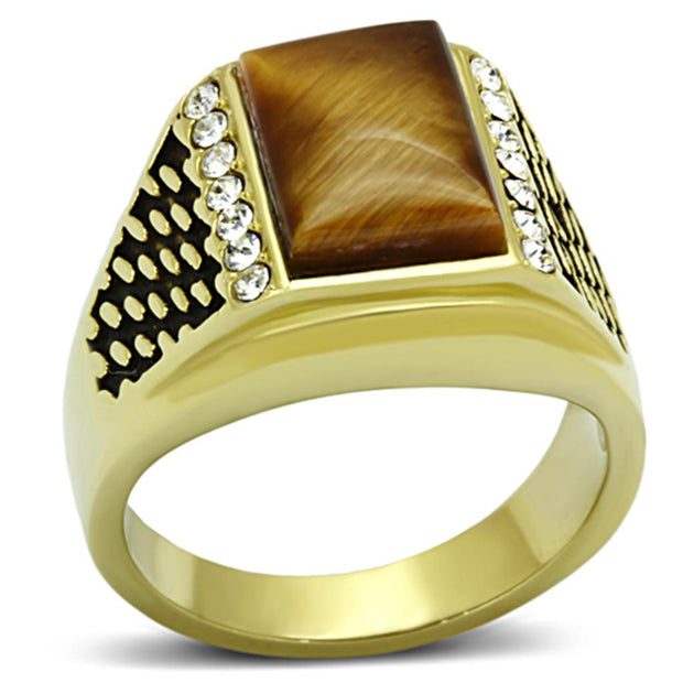 TK1187 - IP Gold(Ion Plating) Stainless Steel Ring with Synthetic Tiger Eye in Topaz
