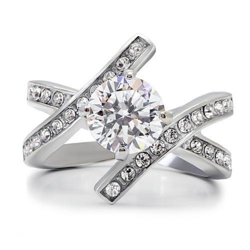TK169 - High polished (no plating) Stainless Steel Ring with AAA Grade CZ  in Clear