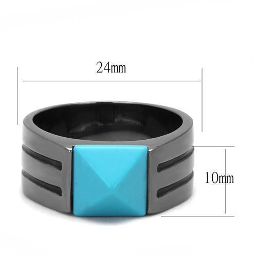 TK3074 - IP Light Black  (IP Gun) Stainless Steel Ring with Synthetic Turquoise in Sea Blue