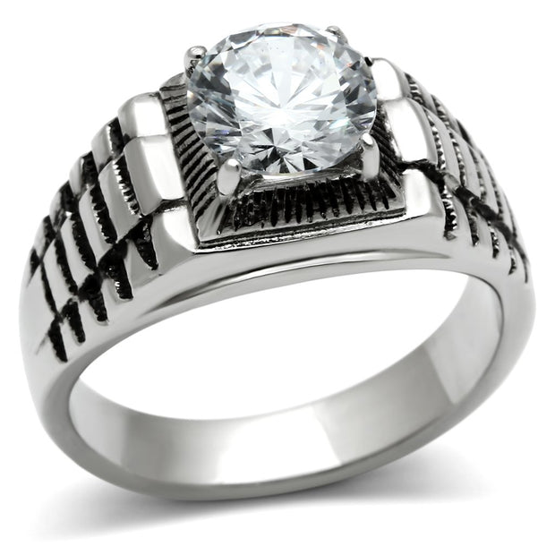 TK485 - High polished (no plating) Stainless Steel Ring with AAA Grade CZ  in Clear