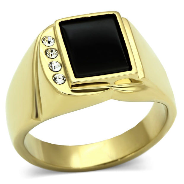 TK722 - IP Gold(Ion Plating) Stainless Steel Ring with Semi-Precious Onyx in Jet
