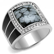 TK3042 - High polished (no plating) Stainless Steel Ring with Semi-Precious Snowflake Obsidian in Jet