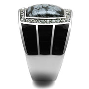 TK3042 - High polished (no plating) Stainless Steel Ring with Semi-Precious Snowflake Obsidian in Jet