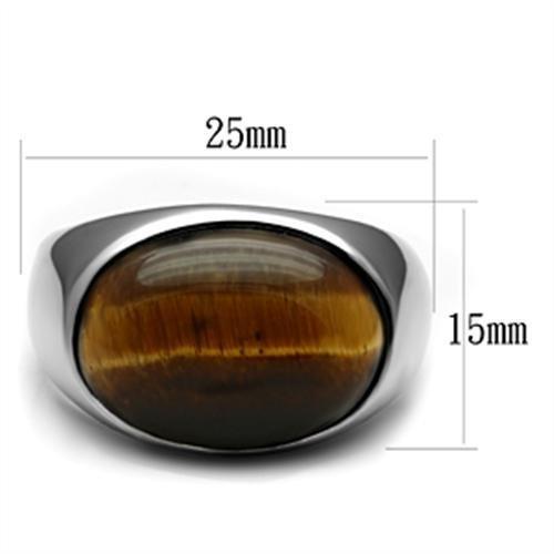TK378 - High polished (no plating) Stainless Steel Ring with Semi-Precious Tiger Eye in Topaz