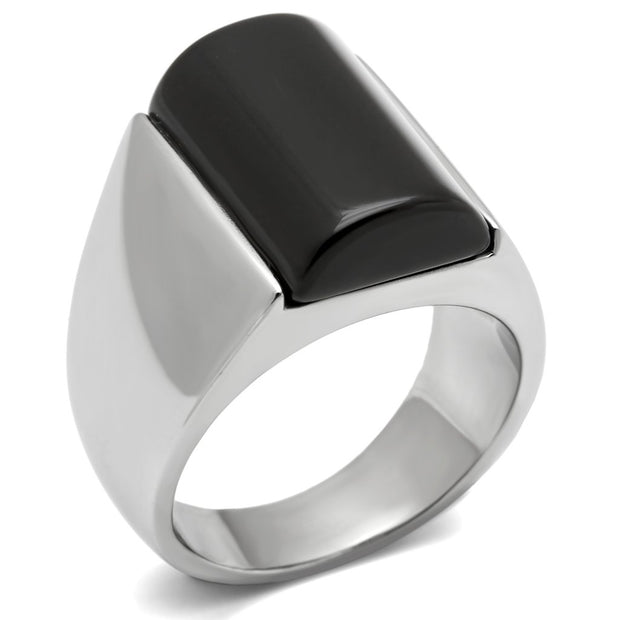 TK379 - High polished (no plating) Stainless Steel Ring with Semi-Precious Onyx in Jet