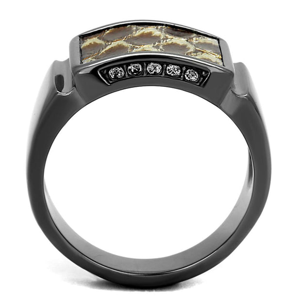 TK2738 - IP Light Black  (IP Gun) Stainless Steel Ring with Leather  in Brown