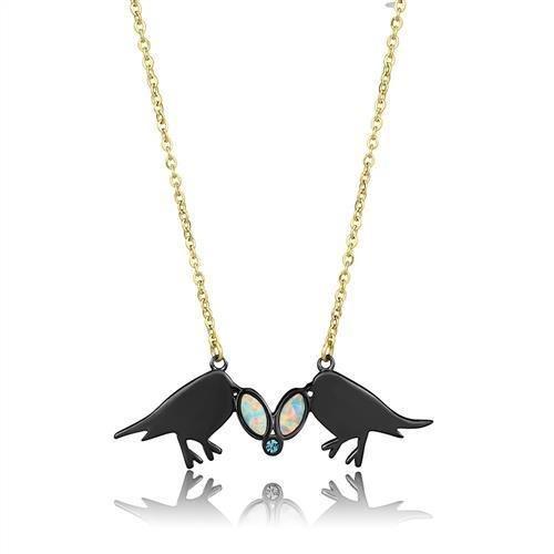 TK2895 - IP Gold+ IP Black (Ion Plating) Stainless Steel Necklace with Semi-Precious Opal in Aurora Borealis (Rainbow Effect)