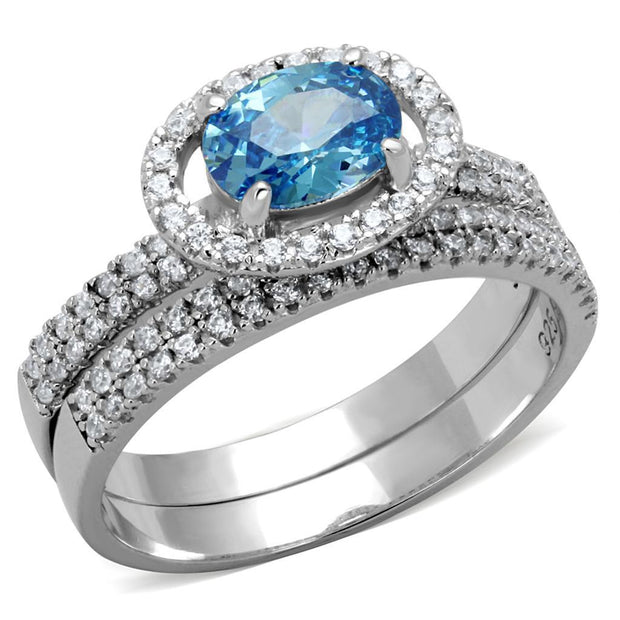 TS490 - Rhodium 925 Sterling Silver Ring with AAA Grade CZ  in Sea Blue