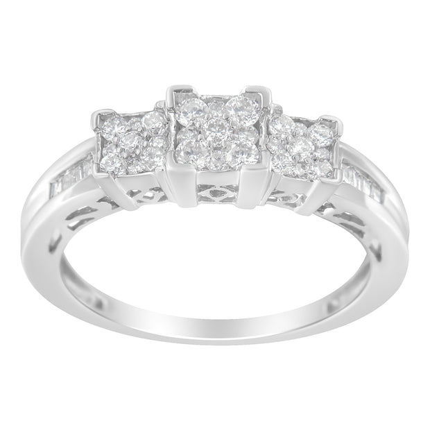 10K White Gold 1/2 Cttw Brilliant & Baguette Cut Diamond 3 Stone Design with 3 Square Clusters Engagement Ring (H-I Color, SI2-I1 Clarity) - Size 7-1/4