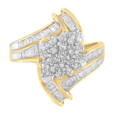 10K Yellow Gold Round and Baguette-Cut Diamond Bypass Cluster Ring (1.0 Cttw, I-J Color, I1-I2 Clarity) - Size 7