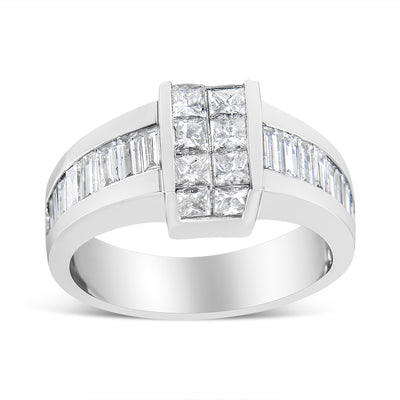 14K White Gold 2 3/4 Cttw Invisible-Set Princess and Channel-Set Baguette Diamond Step Up Cocktail Ring (G-H Color, SI1-SI2 Clarity) - Ring Size 9.25