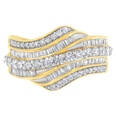 10K Yellow Gold 1.0 Cttw Baguette and Round Diamond Multi-Row Wave Bypass Ring (I-J Color, I1-I2 Clarity) - Ring Size 6