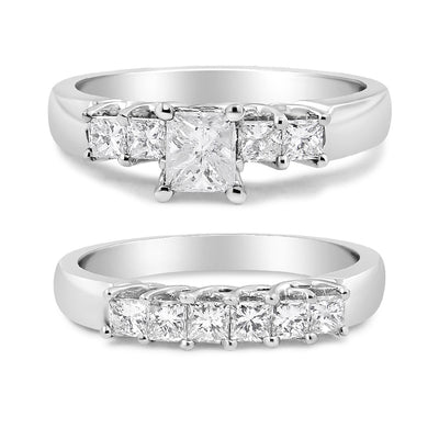 14K White Gold 1 1/2 Cttw 5 Stone Princess Diamond Engagement Wedding Ring Set (H-I Color, SI2-I1 Clarity) - Ring Size 7