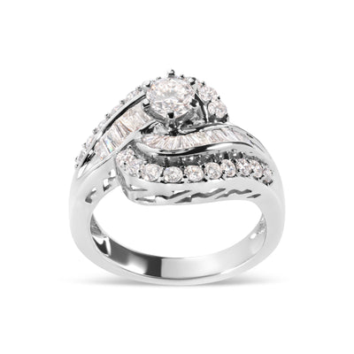 14K White Gold 1.00 Cttw Round and Baguette cut Diamond Swirl Cocktail Ring (H-I Color, SI2-I1 Clarity) - Ring Size 7