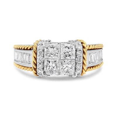14K White and Yellow Gold 1 1/2 Cttw Invisible Set Princess-Cut Diamond Quad Style Engagement Ring (H-I Color, SI2-I1 Clarity) - Ring Size 7