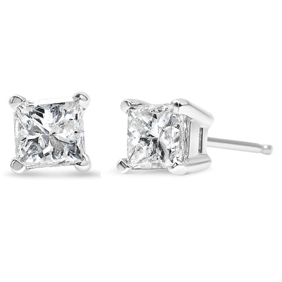 AGS Certified 14K White Gold 3/8 Cttw 4-Prong Set Princess-Cut Solitaire Diamond Push Back Stud Earrings (I-J Color, SI2-I1 Clarity)