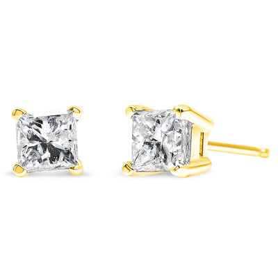 10K Yellow Gold 3/4 Cttw Princess-Cut Square Near Colorless Diamond Classic 4-Prong Solitaire Stud Earrings (J-K Color, I2-I3 Clarity)