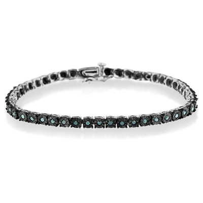 Black Rhodium Plated .925 Sterling Silver 1.0 Cttw Diamond Miracle Tennis Bracelet (Enhanced Blue Color, I3 Clarity) - 7"