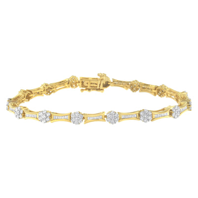 10K Yellow and White Gold 2.00 cttw Round and Baguette-Cut Diamond Link Bracelet (I-J Color, I2-I3 Clarity) - Size 7.25"