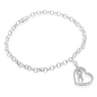.25 Sterling Silver 1/4 Cttw Diamond-Accented Heart and Ribbon Charm 7" Link Chain Bracelet (H-I Color, I1-I2 Clarity)