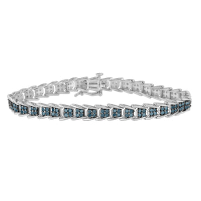.925 Sterling Silver 2 cttw Treated Blue Diamond Fan-Shaped Nested Link 7" Tennis Bracelet (Blue Color, I3 Clarity) - Size 7"