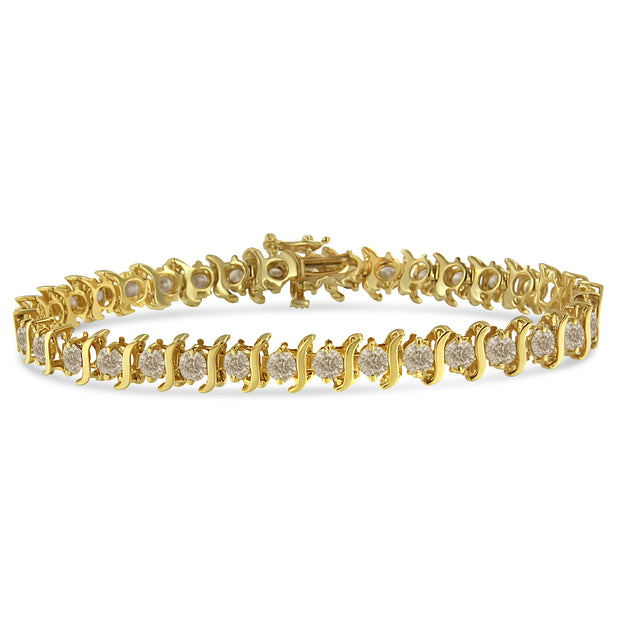 American Jewelry | 10K Yellow Gold Plated .925 Sterling Silver 7.0 cttw 2-Prong Set Round Brilliant Cut Diamond "S" Link Bracelet (J-K color, I1-I2 clarity) - 7
