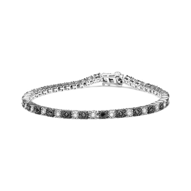 .925 Sterling Silver 1.0 Cttw with Alternating Round White Diamond and Round Treated Black Diamond Tennis Bracelet (Black and I-J Color, I3 Clarity) - Size 7" Inches