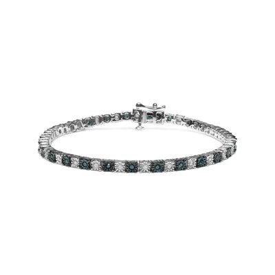 .925 Sterling Silver 1.0 Cttw with Alternating Round White Diamond and Round Treated Blue Diamond Tennis Bracelet (Blue and I-J Color, I3 Clarity) - Size 7" Inches