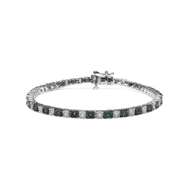 .925 Sterling Silver 1.0 Cttw with Alternating Round White Diamond and Round Treated Blue Diamond Tennis Bracelet (Blue and I-J Color, I3 Clarity) - Size 7" Inches