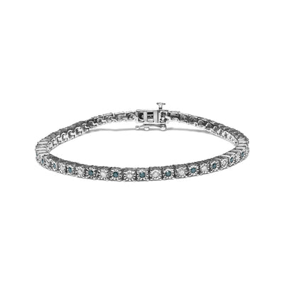.925 Sterling Silver 1.0 Cttw with Alternating Round White Diamond and Round Treated Green Diamond Tennis Bracelet (Green and I-J Color, I3 Clarity) - Size 7" Inches