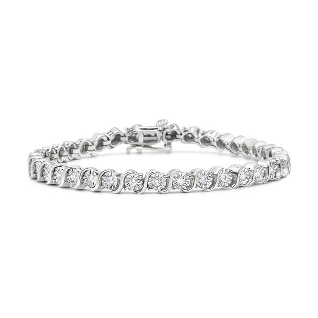.925 Sterling Silver 1/4 Cttw Diamond Round Miracle Plate and "S" Link Tennis Bracelet (I-J Color, I2- I3 Clarity) - 7"