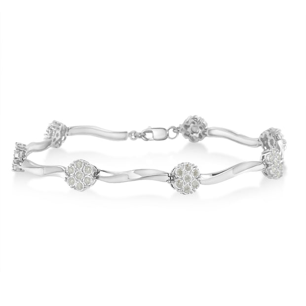 .925 Sterling Silver 1.0 Cttw Diamond Cluster Miracle-Set Station & Twisted Bar 7" Tennis Bracelet (H-I Color, I1-I2 Clarity)