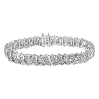 .925 Sterling Silver 3.0 Cttw Diamond Multi Row Cluster Slanted Wave Link 7-¼” Tennis Bracelet (I-J Color, I2-I3 Clarity)
