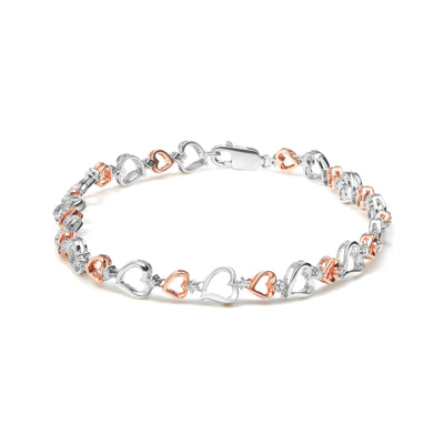 14K Rose Gold Plated .925 Sterling Silver 1/4 Cttw Diamond Heart Link Bracelet (I-J Color, I2-I3 Clarity) - Size 7" Inches