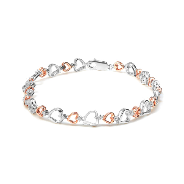 14K Rose Gold Plated .925 Sterling Silver 1/4 Cttw Diamond Heart Link Bracelet (I-J Color, I2-I3 Clarity) - Size 7" Inches