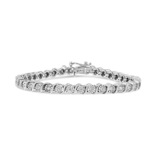 14K White Gold 1.00 Cttw Lab Grown Diamond Round Miracle Plate and "S" Link Tennis Bracelet (F-G Color, VS2-SI1 Clarity) Size 7"