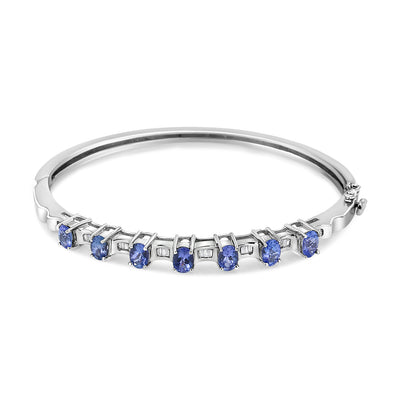 14K White Gold 5 MM Oval Blue Tanzanite and 1/4 Cttw Diamond Bangle (H-I Color, VS2-SI1 Clarity) - Fits wrists up to 7 1/2 Inches