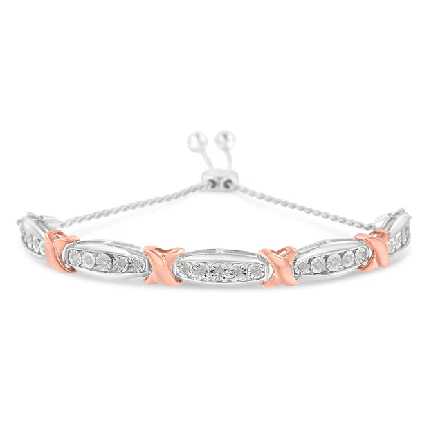 .925 Sterling Silver 1/4 Cttw Round-Cut Diamond X & Tapered Bar Miracle-Set Bolo Bracelet (I-J Color, I3 Clarity) - Two Tone Rose Gold & Silver