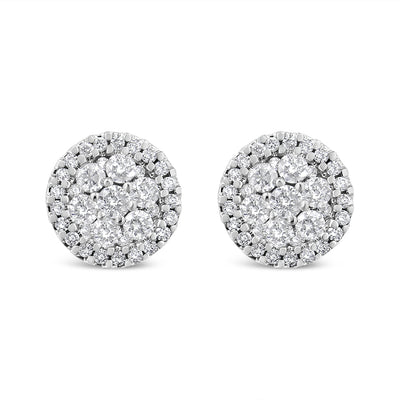 14K White Gold 1.0 Cttw Brilliant-Cut Diamond Halo-Style Cluster Round Button Stud Earrings (H-I Color, I1-I2 Clarity)