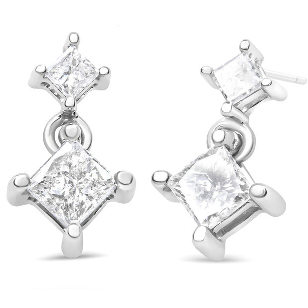 14K White Gold 1.0 Cttw Princess-Cut Double Diamond Drop Stud Earrings  for Women (H-I Color, I1-I2 Clarity)
