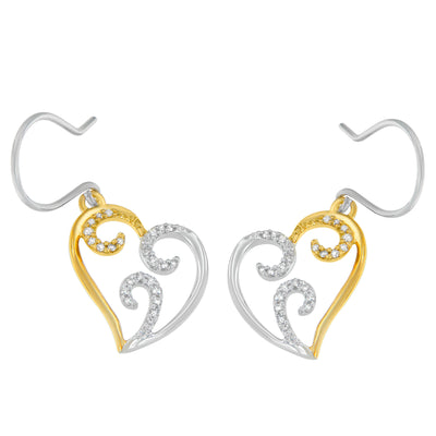 10K Two-tone Gold Round Diamond Heart Dangle Earrings (1/4 cttw, I-J Color, I2-I3 Clarity)