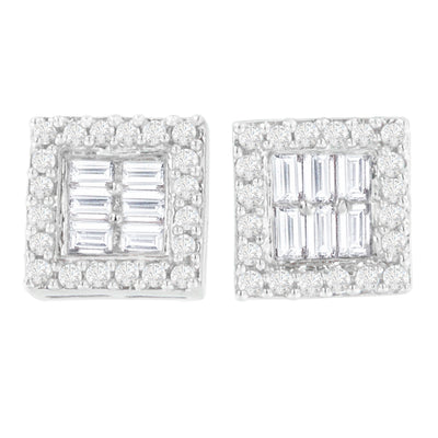 14K White Gold 1 cttw Round and Baguette Diamond Stud Earrings (H-I, SI1-SI2)