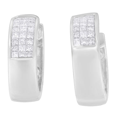 14K White Gold 1 1/8 cttw Princess and Round Cut Diamond Huggie Earrings (H-I, VS1-VS2)