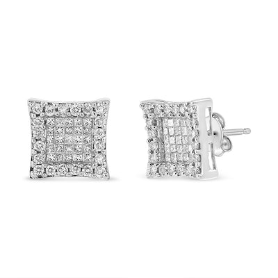 18K White Gold 1.00 Cttw Round and Princess-Cut Diamond Halo Square Stud Earring (G-H Color, SI1-SI2 Clarity)